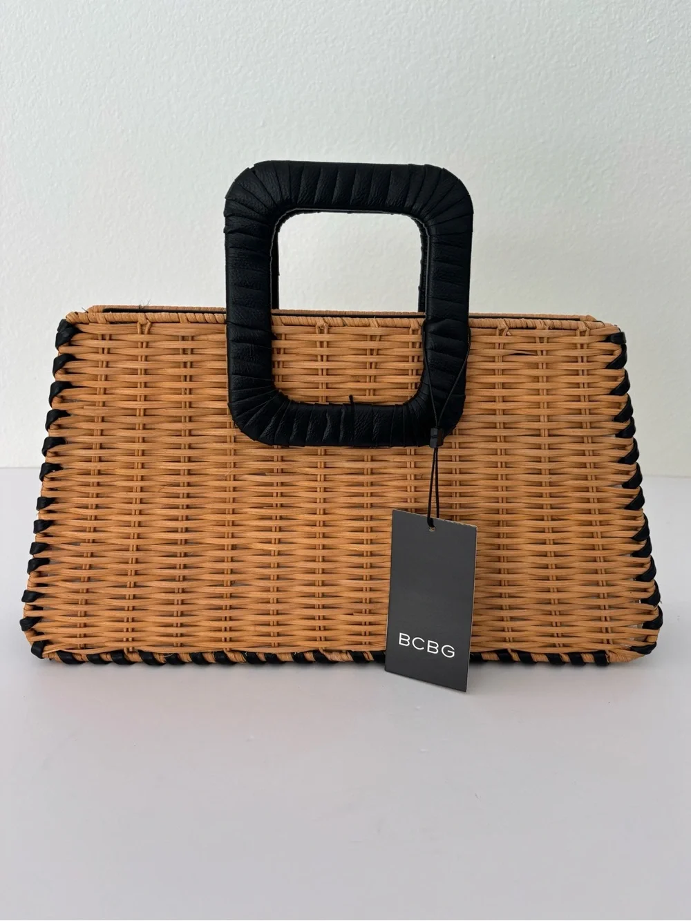 BCBG Natural Wicker Black Whipstitch Bag NWT Square Handles Crossbody